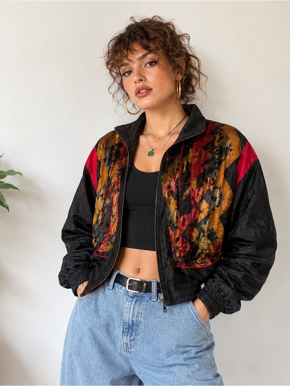 Vintage Lavon Geometric Windbreaker Jacket 90s Shoulder Pad Bomber Small